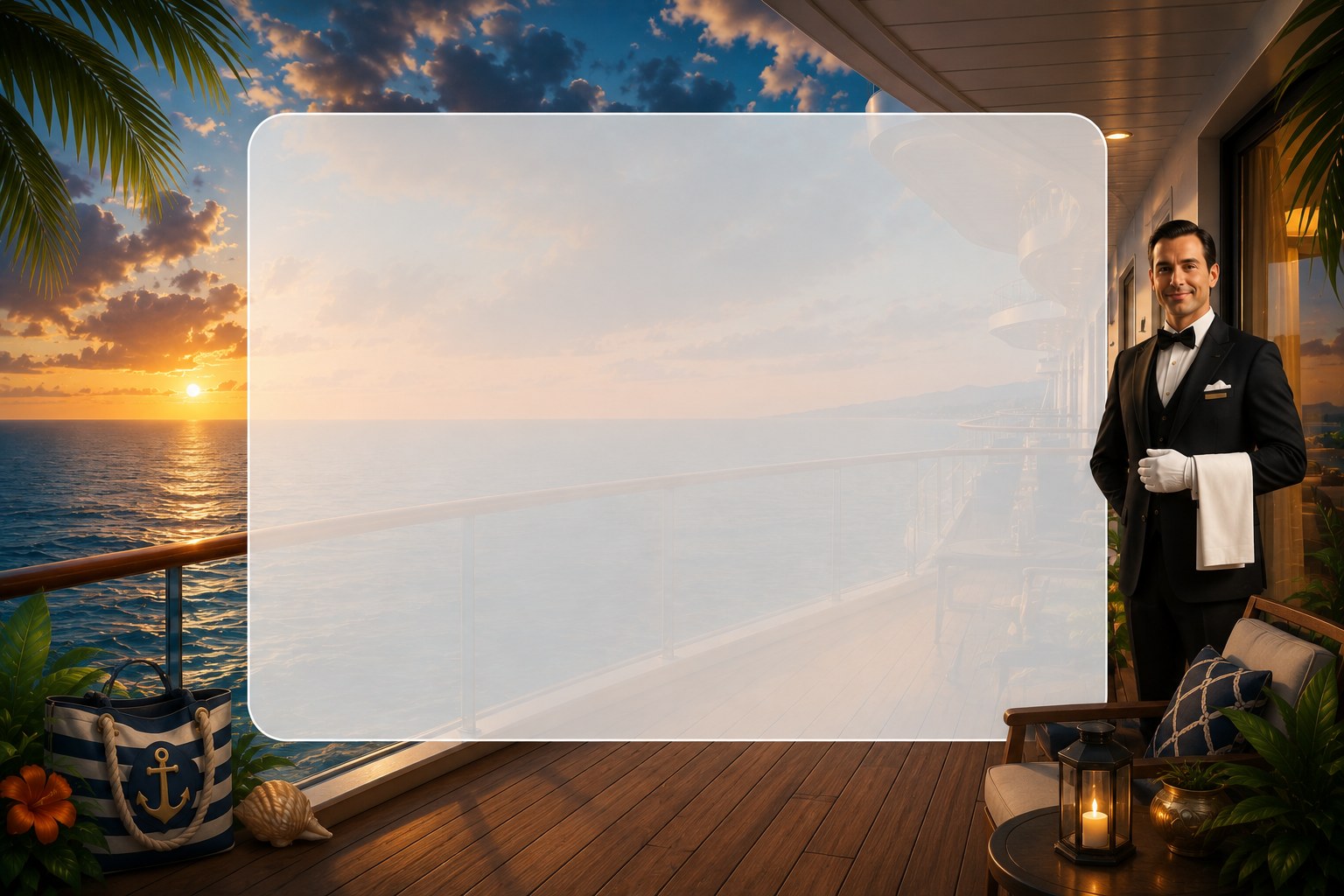 A cruise ship balcony at sunset with a concierge waiting — the Still Afloat Room Concierge