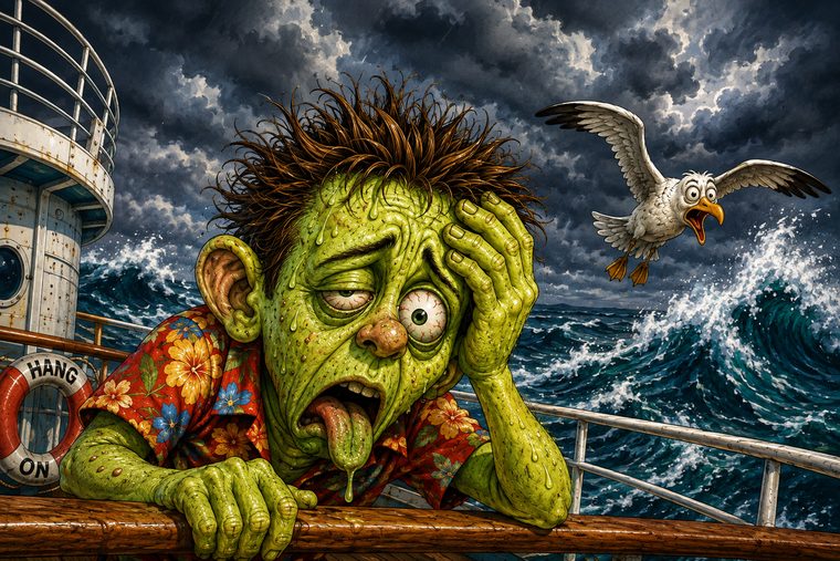 Un crucerista muy verde colgado de la baranda en camisa hawaiana mientras una gaviota lo mira horrorizada